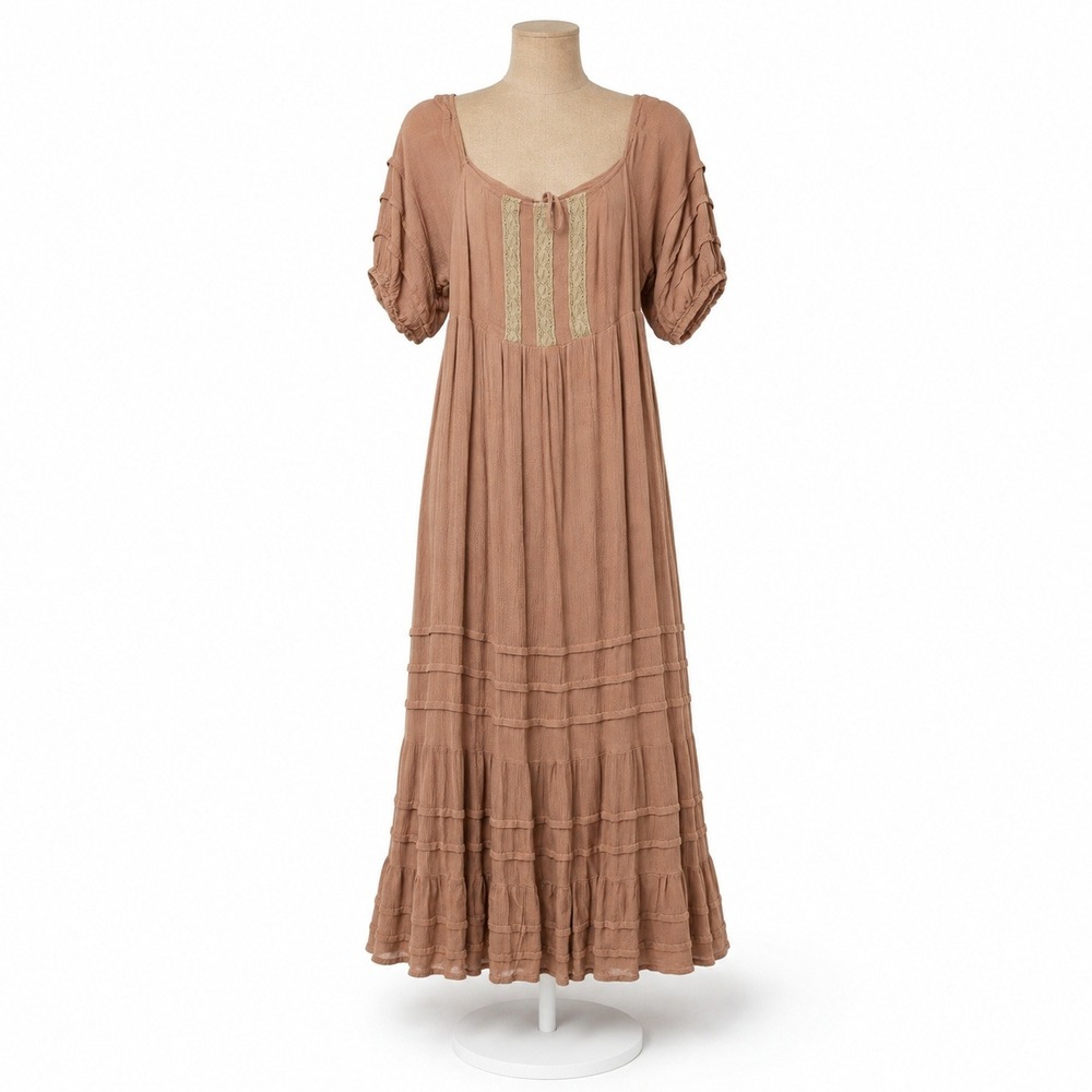 Boho Lace Tiered Peasant Maxi Dress Size L Brown Romantic Cottagecore Prairie